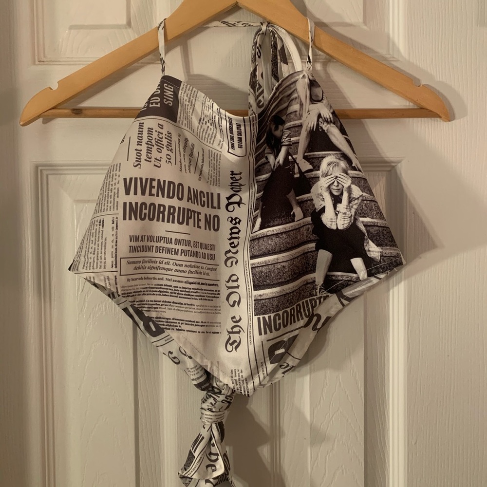 Newspaper print halter tie shirt